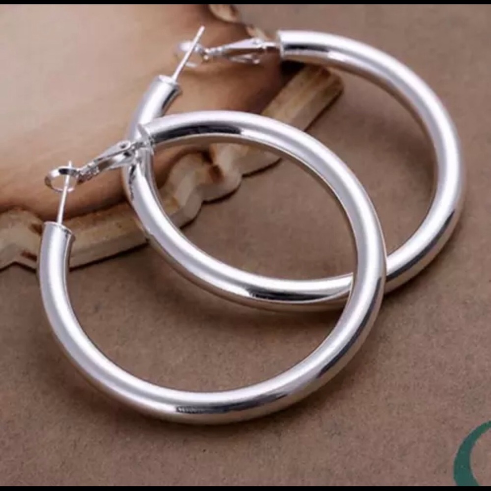 925 Sterling Silver thick round large 2β basic hoop earrings - Picture 2 of 5